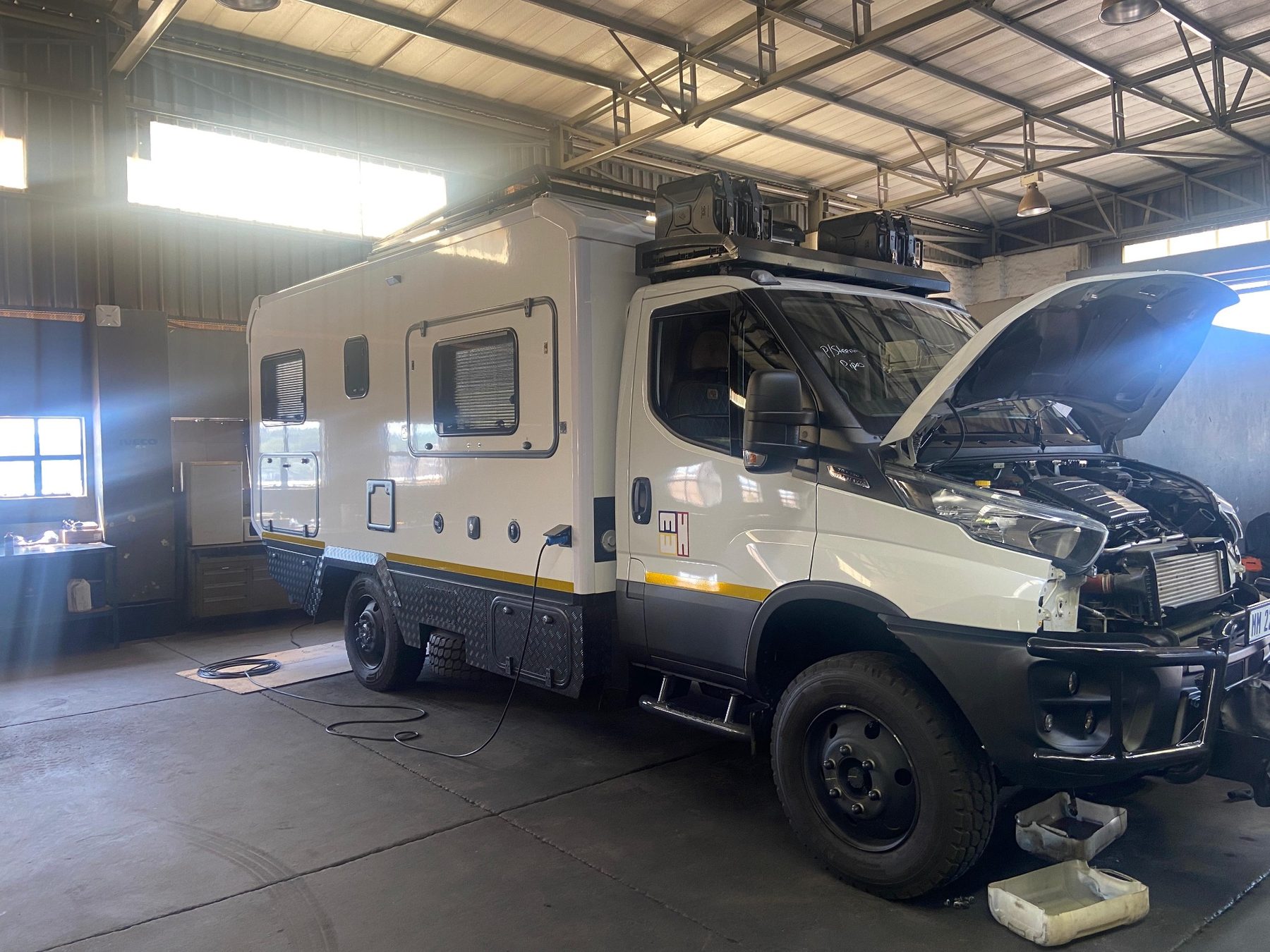 Iveco 4x4 camper in RCV workshop